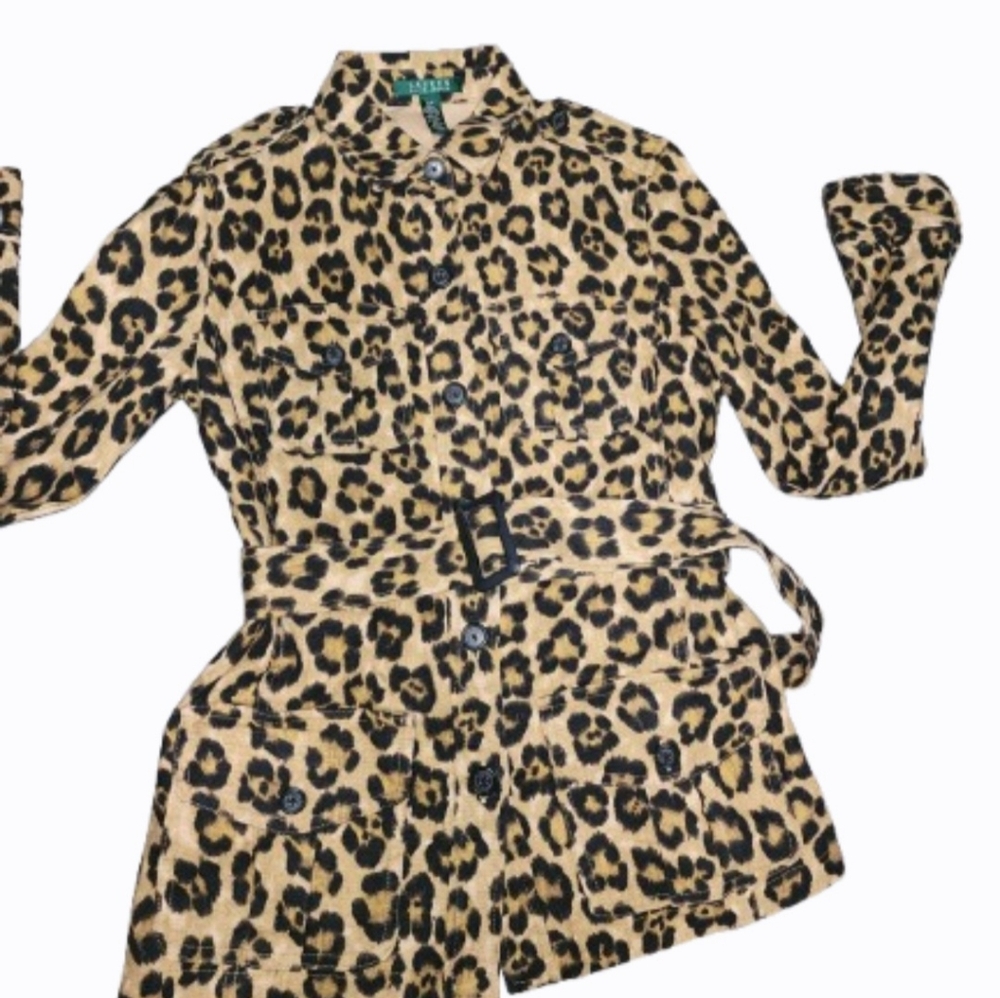 Lauren Ralph Lauren Belted Safari Leopard Print Jacket Small Linen Blend - Picture 4 of 8